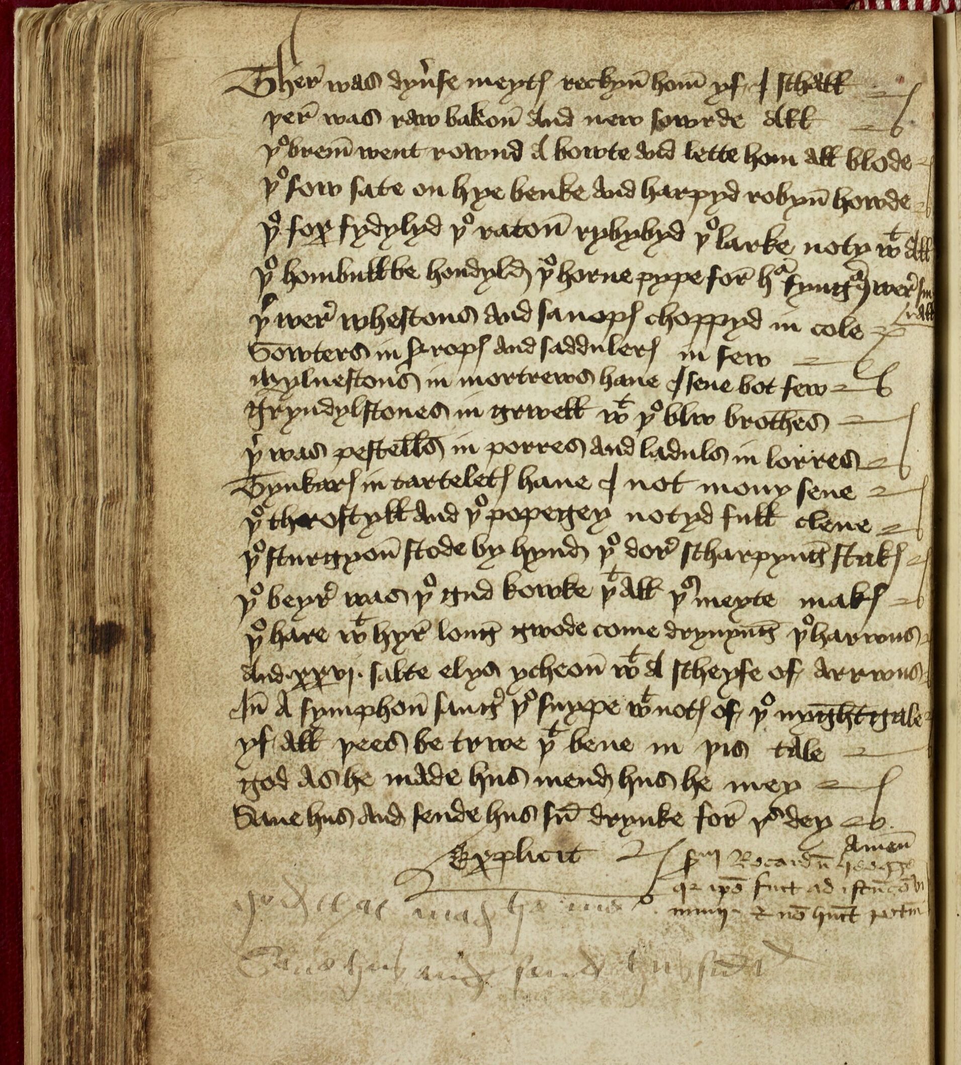 Scribe's note ‘By me, Richard Heege, because I was at that feast and did not have a drink’, in the Heege Manuscript (bottom of p.60 verso). This caught the attention of Cambridge researcher Dr James Wade. Image courtesy National Library of Scotland